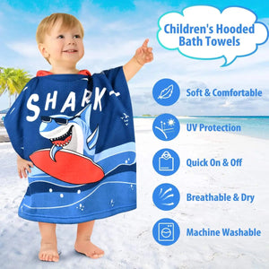 Shark Dive in Blue Poncho Baby Towel for Kids, 1-7 years, 60 x 60cm | 100% Cotton, Skin-Friendly Microfiber Hooded Toddler Pool Towel | Quick-Drying, Water Absorbing, Full-Size Bathrobe